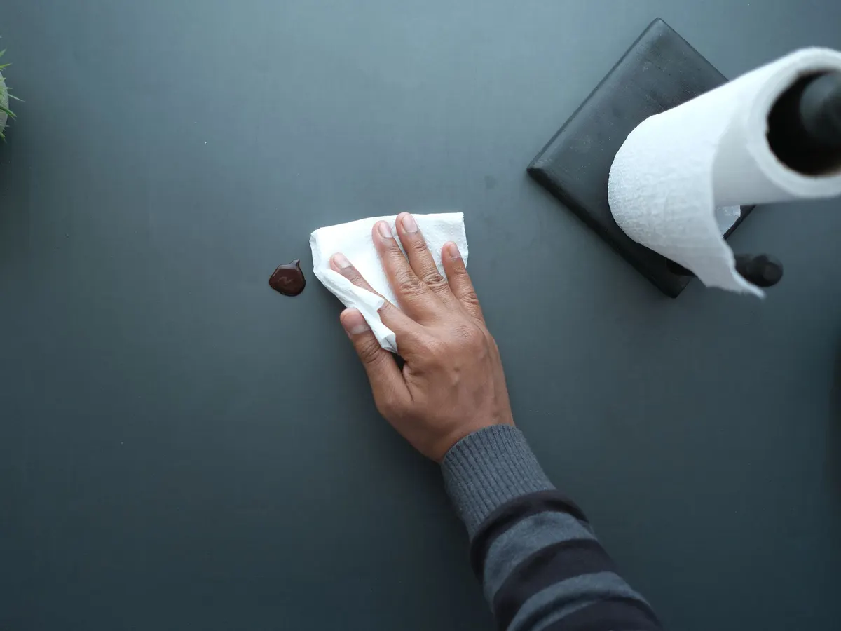 Hand wiping a dark desk surface with a paper towel